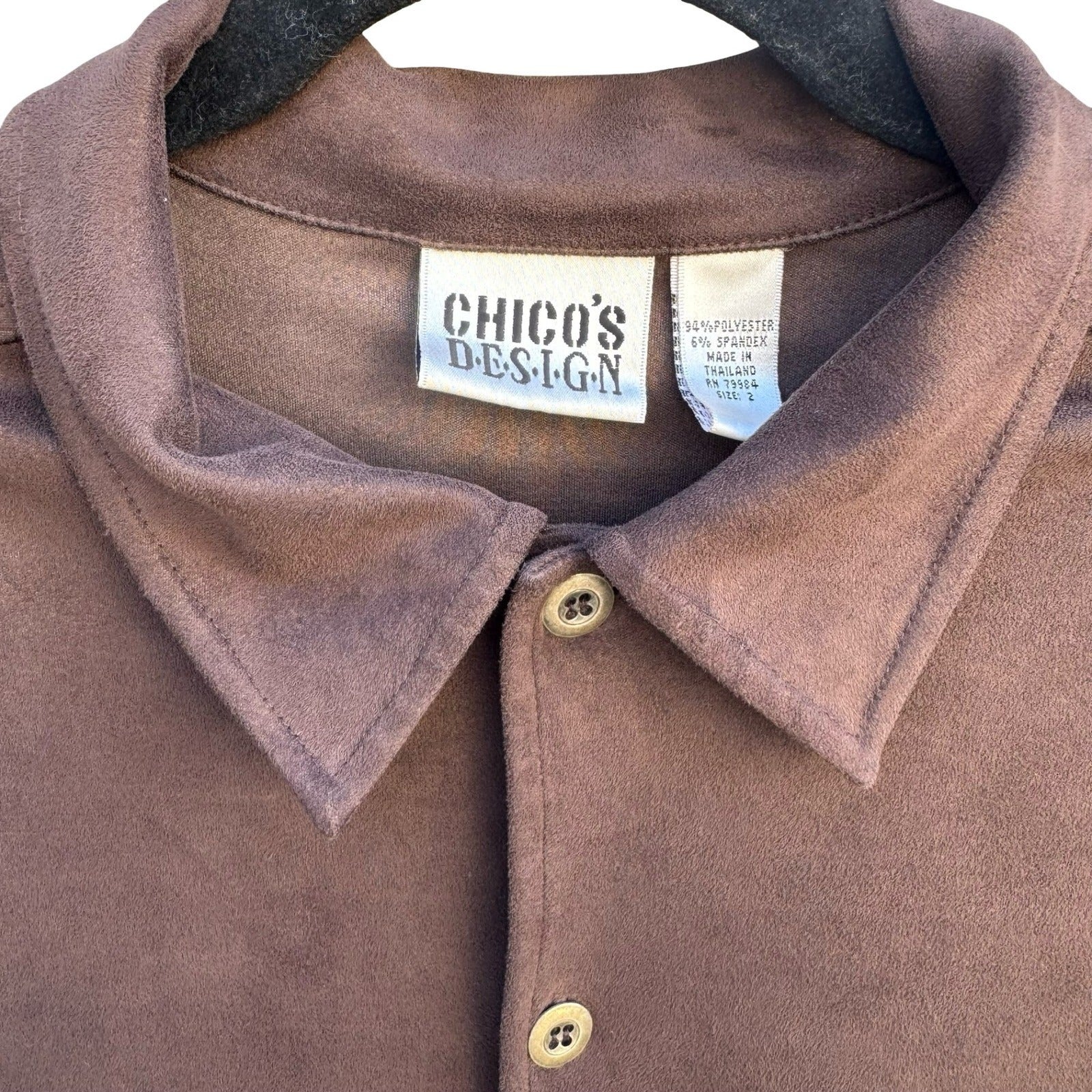 Chicos Design Womens Faux Suede Button Down Shirt Brown Long Sleeve Size 2 Large
