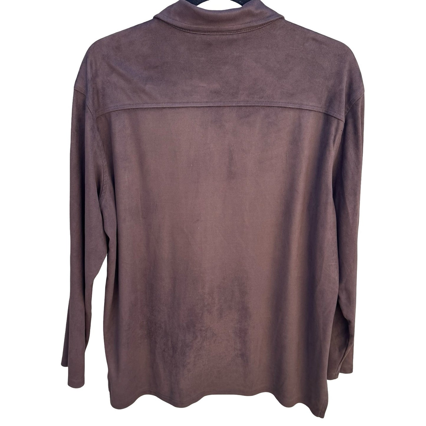 Chicos Design Womens Faux Suede Button Down Shirt Brown Long Sleeve Size 2 Large