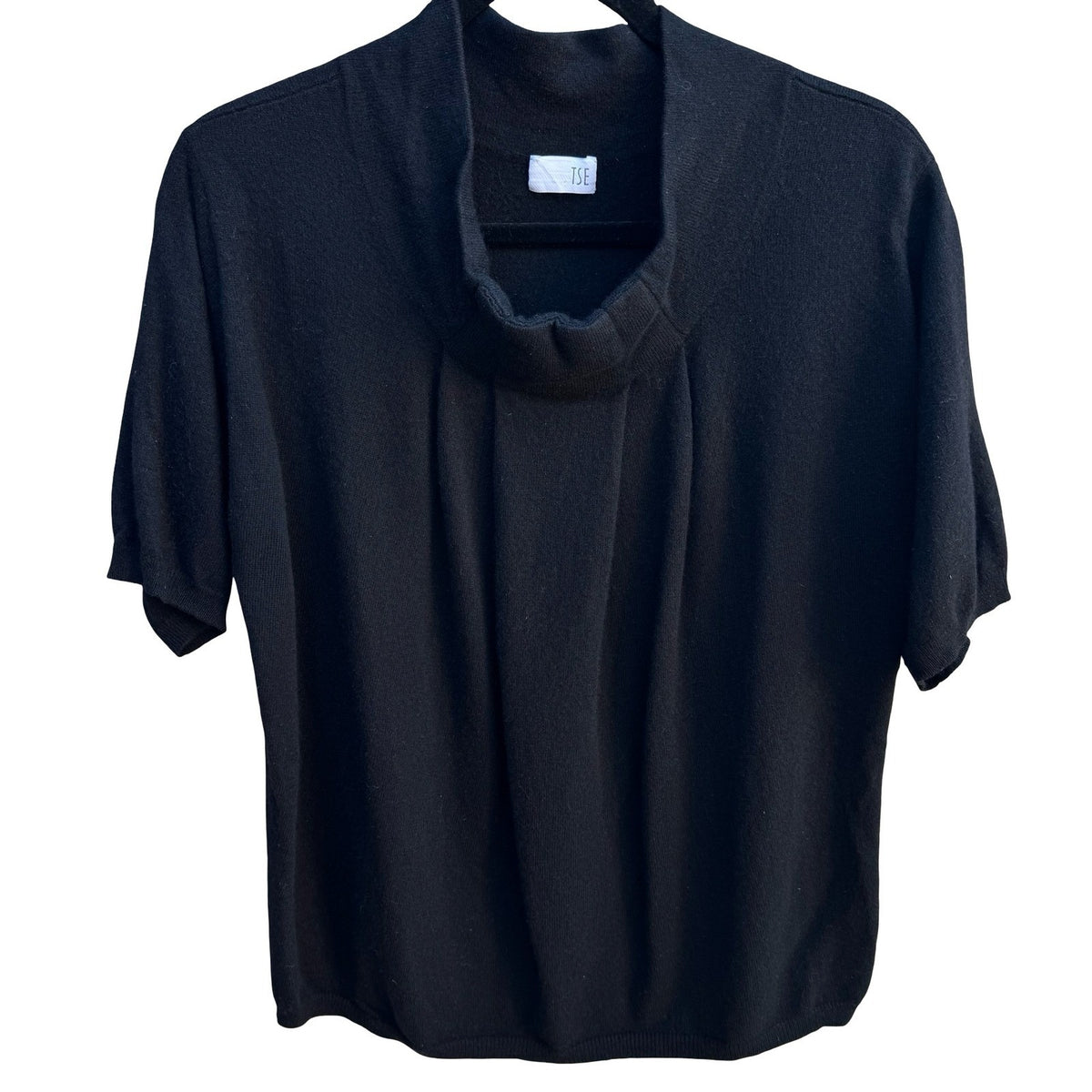 TSE Cashmere Quiet Luxury Minimalist Pleated Mock Neck Knit Sweater Black M