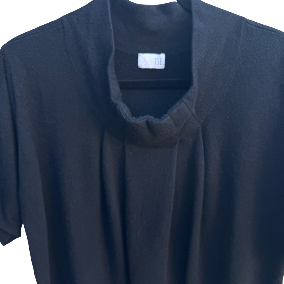 TSE Cashmere Quiet Luxury Minimalist Pleated Mock Neck Knit Sweater Black M
