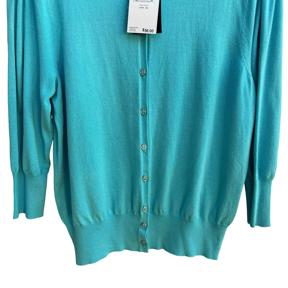 Jeanne Pierre Coastal Preppy Layering Puff Shoulder Cardigan Sweater Blue L NEW