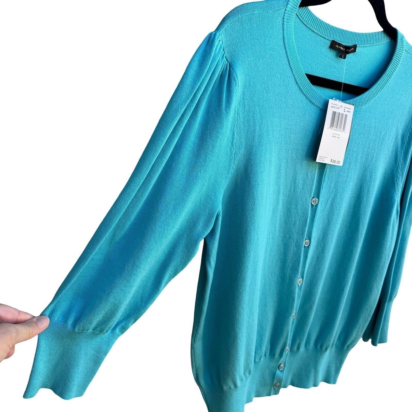 Jeanne Pierre Coastal Preppy Layering Puff Shoulder Cardigan Sweater Blue L NEW