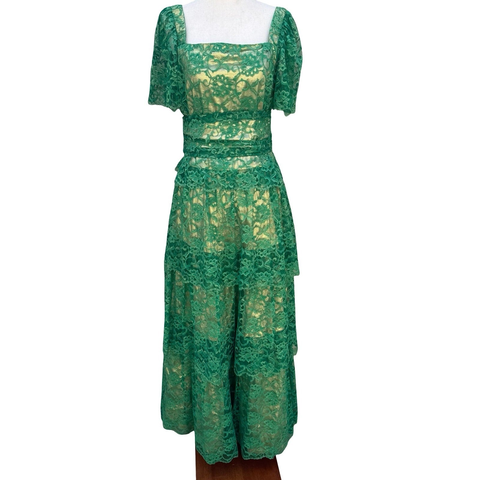 Vintage Green Floral Lace Gold Metallic Tiered Maxi Dress Square Neck Handmade