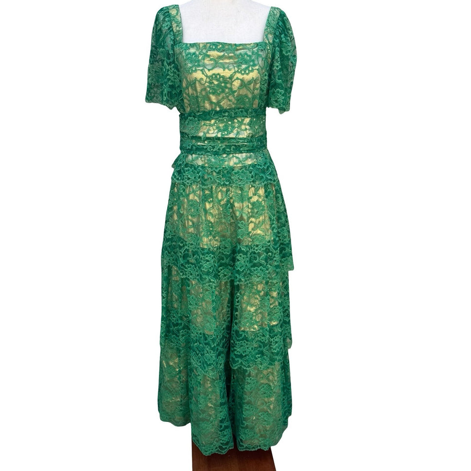 Vintage Green Floral Lace Gold Metallic Tiered Maxi Dress Square Neck Handmade