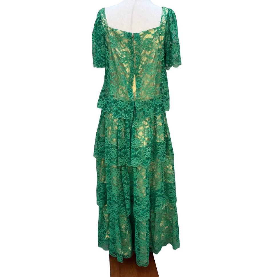 Vintage Green Floral Lace Gold Metallic Tiered Maxi Dress Square Neck Handmade