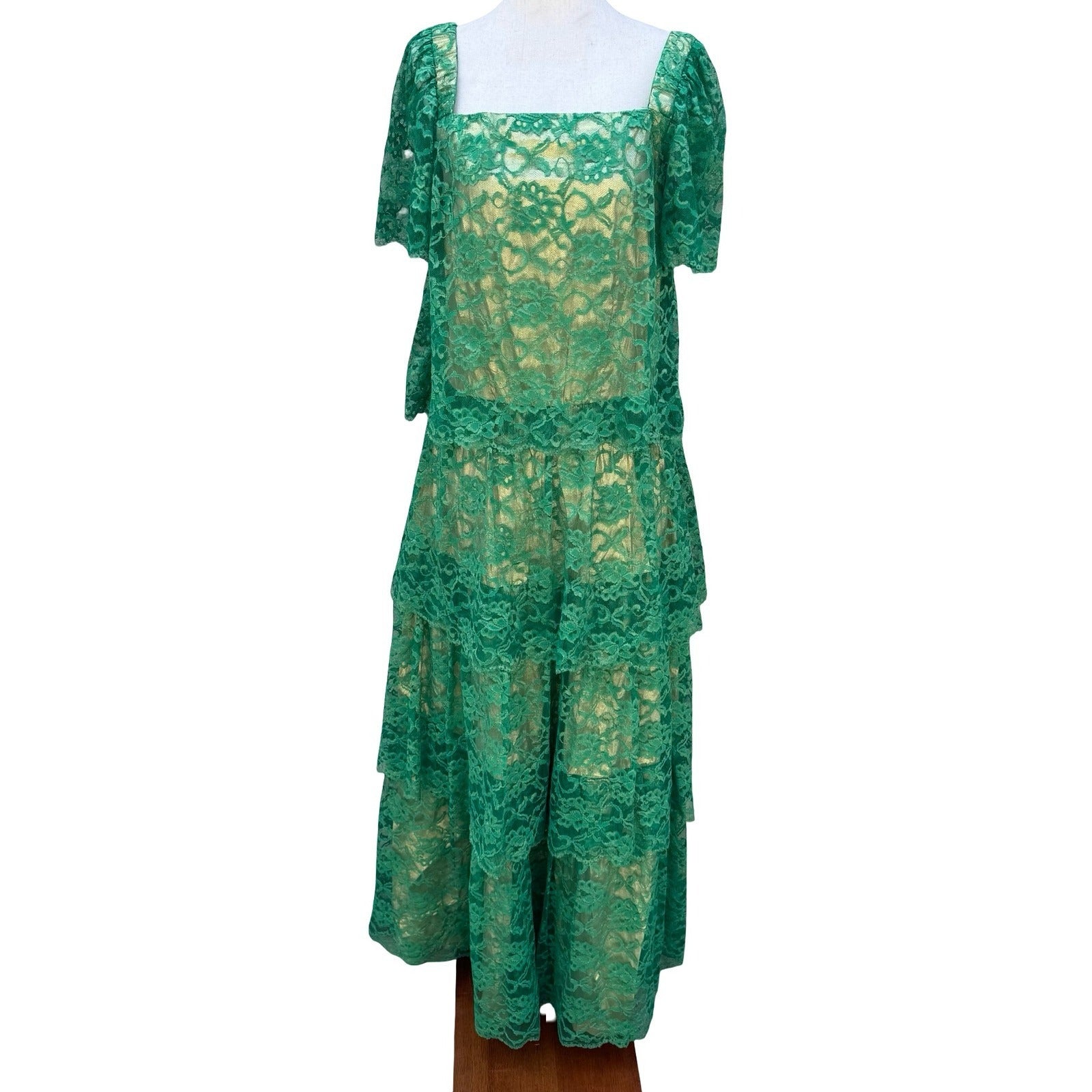 Vintage Green Floral Lace Gold Metallic Tiered Maxi Dress Square Neck Handmade