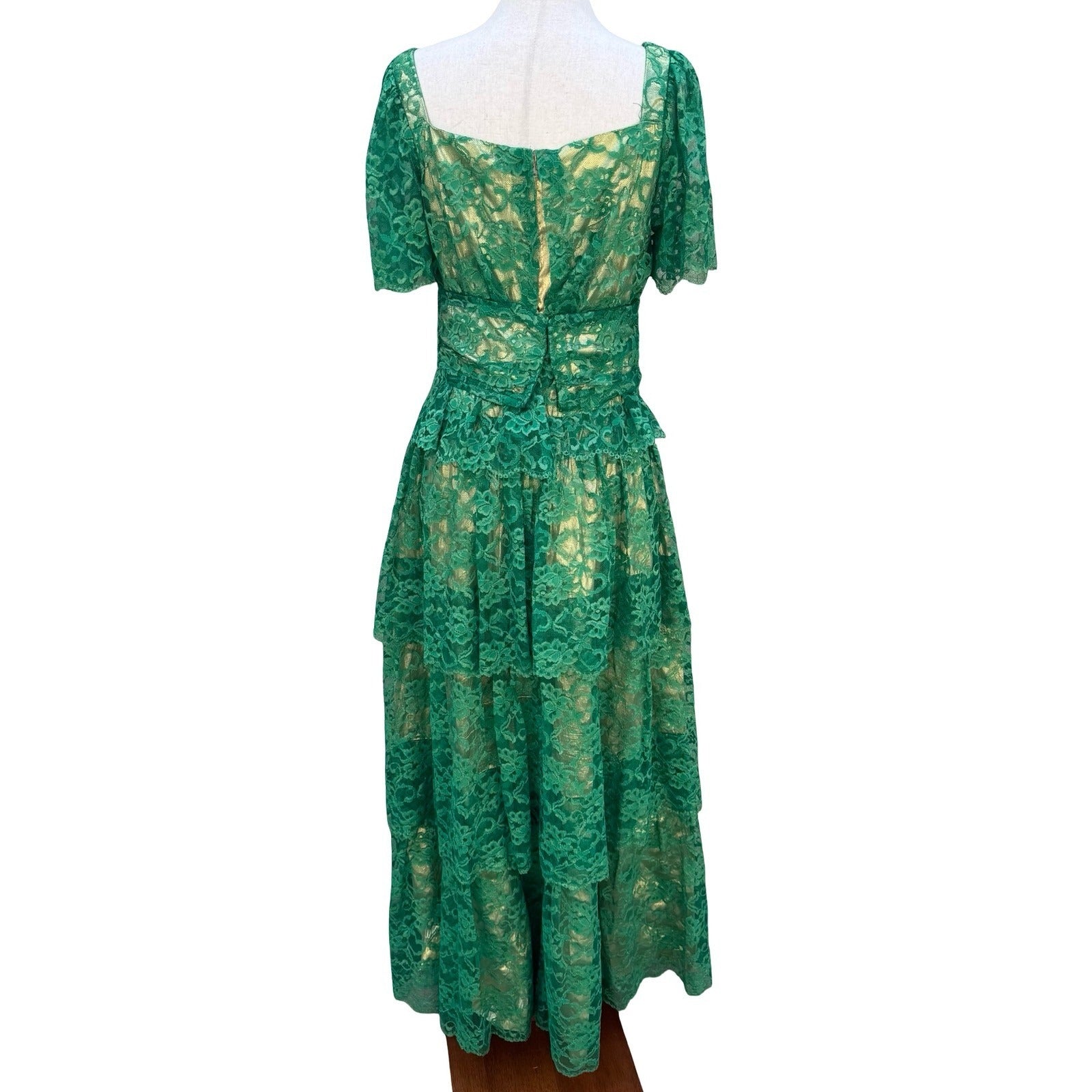 Vintage Green Floral Lace Gold Metallic Tiered Maxi Dress Square Neck Handmade