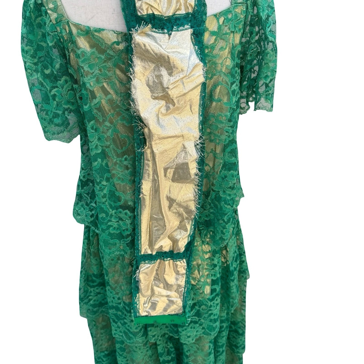 Vintage Green Floral Lace Gold Metallic Tiered Maxi Dress Square Neck Handmade