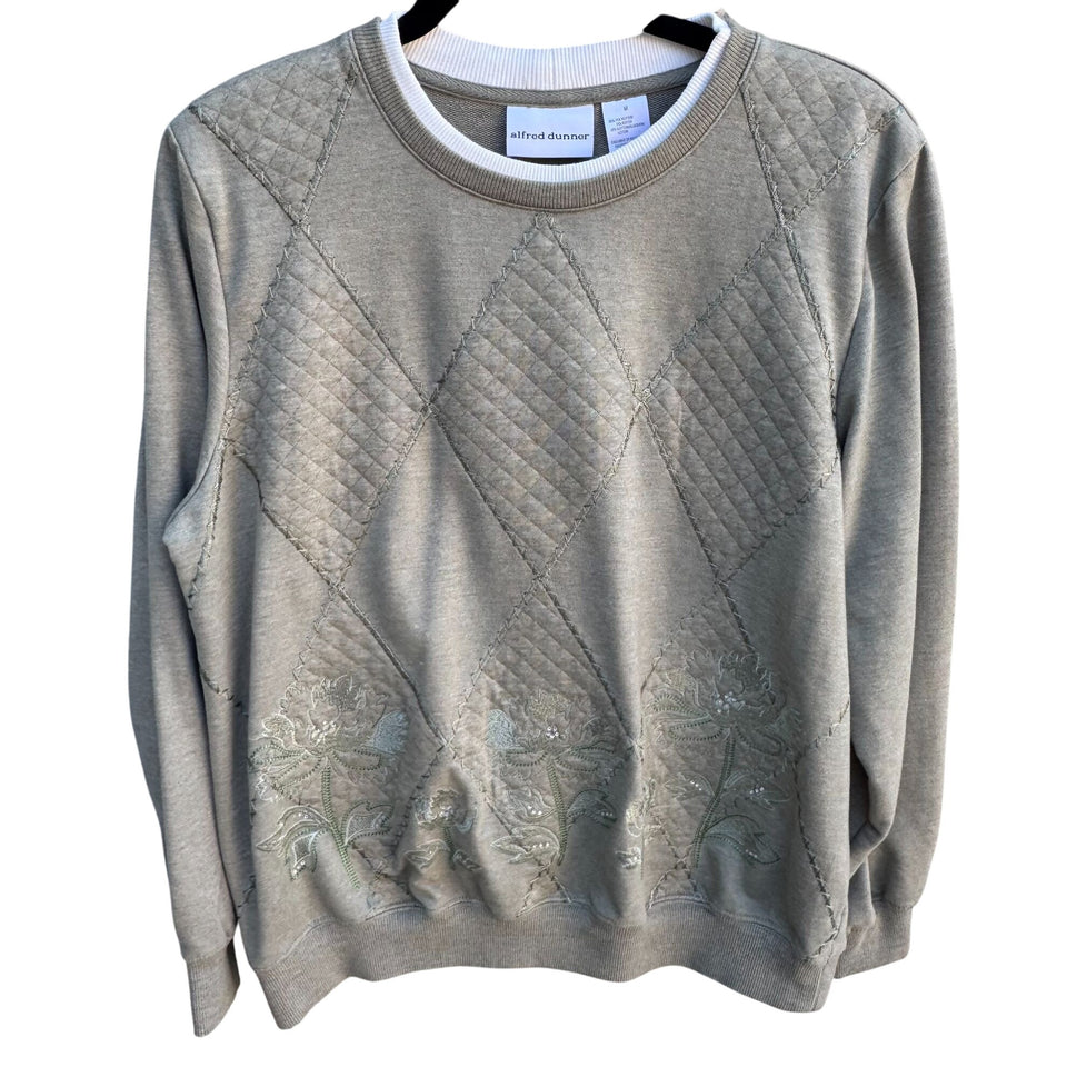 Alfred Dunner Womens Quilted Sweatshirt M Green Floral Embellished Pullover