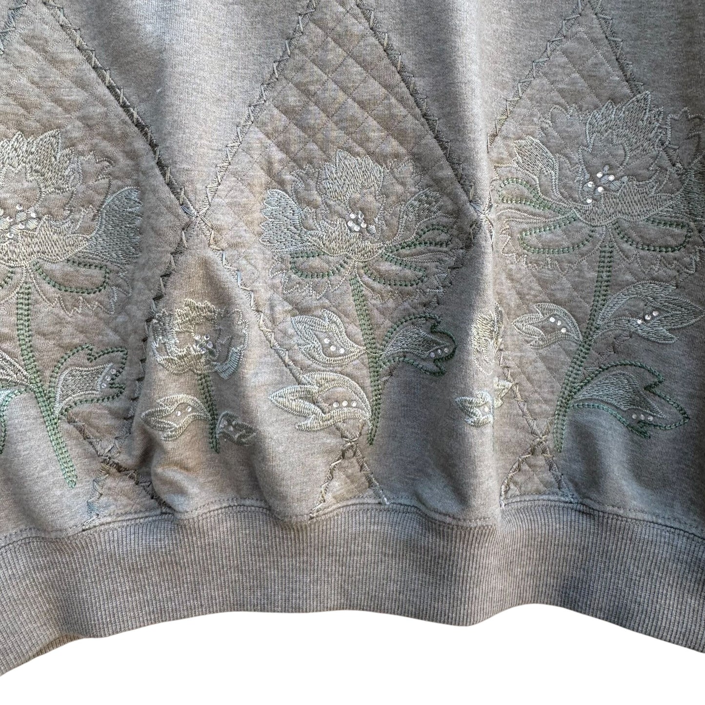 Alfred Dunner Womens Quilted Sweatshirt M Green Floral Embellished Pullover