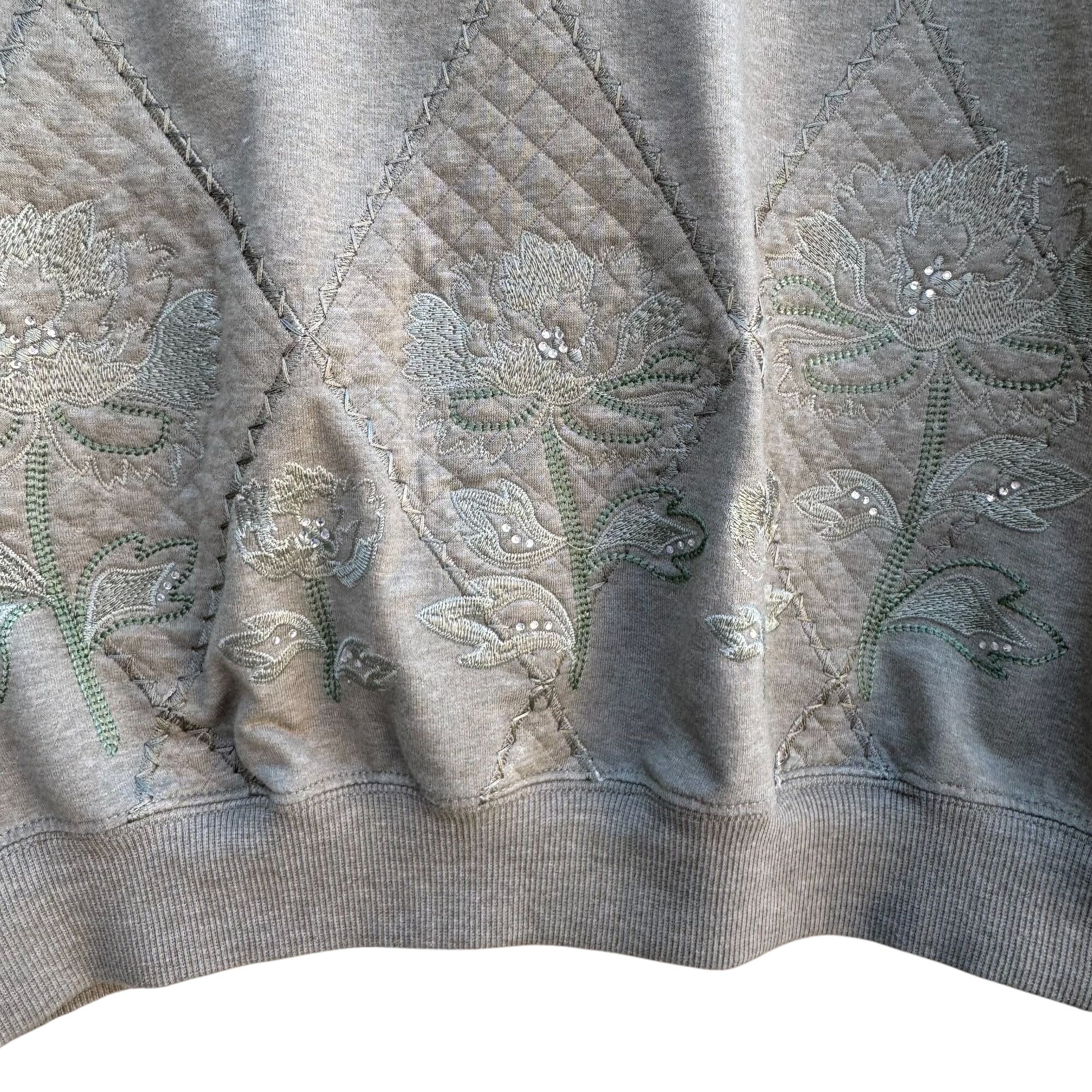 Alfred Dunner Womens Quilted Sweatshirt M Green Floral Embellished Pullover