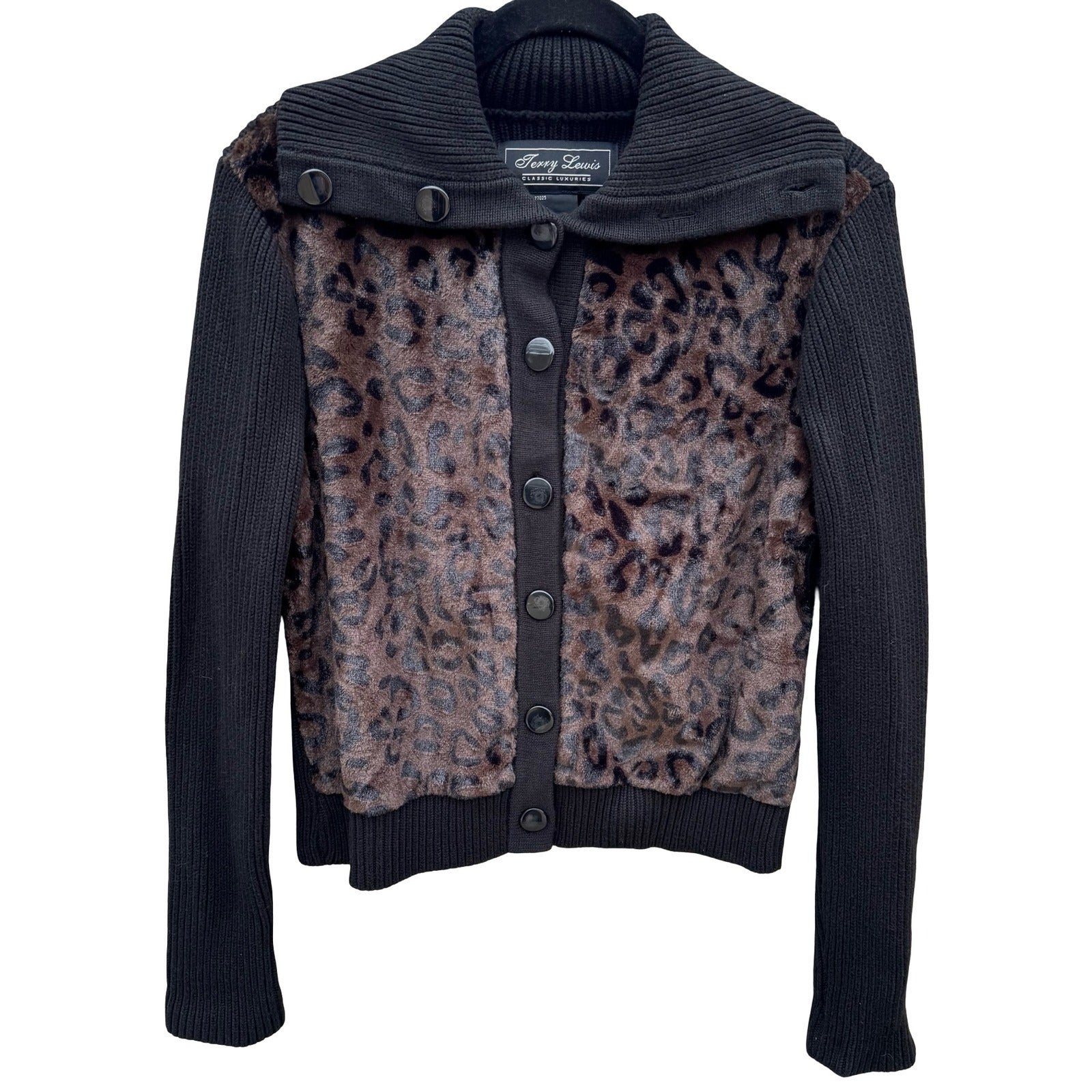 Terry Lewis Classic Luxury Leopard Faux Fur Ribbed Cardigan Sweater Black M New