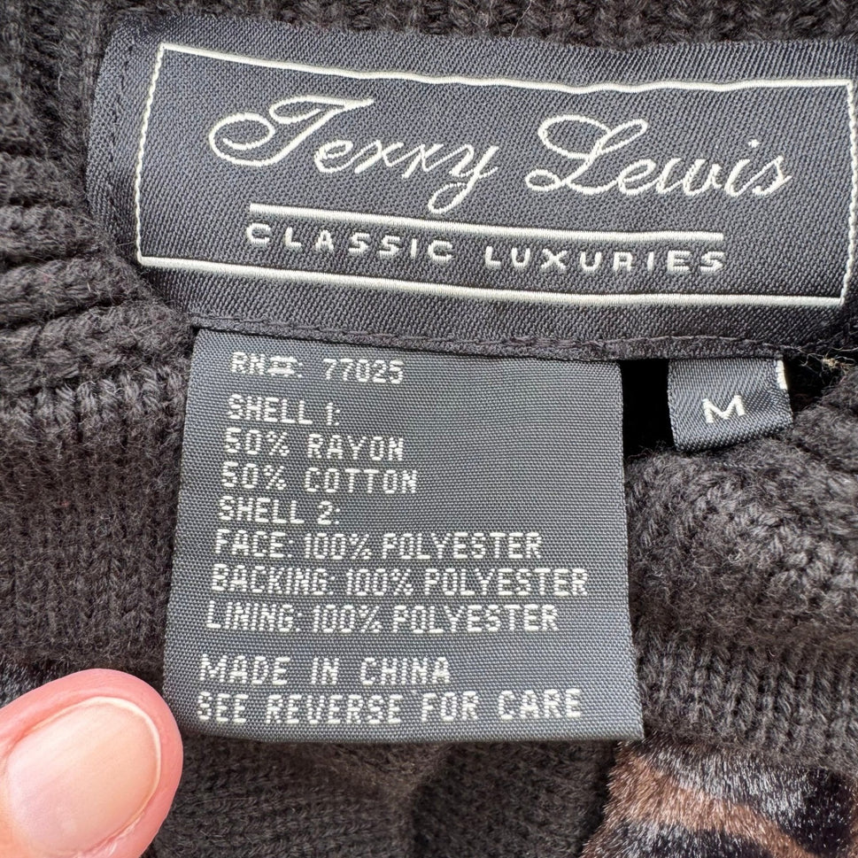 Terry Lewis Classic Luxury Leopard Faux Fur Ribbed Cardigan Sweater Black M New