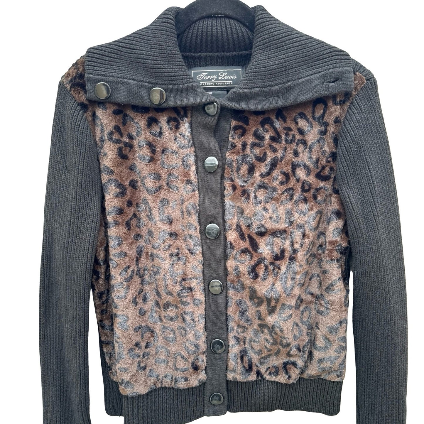 Terry Lewis Classic Luxury Leopard Faux Fur Ribbed Cardigan Sweater Black M New
