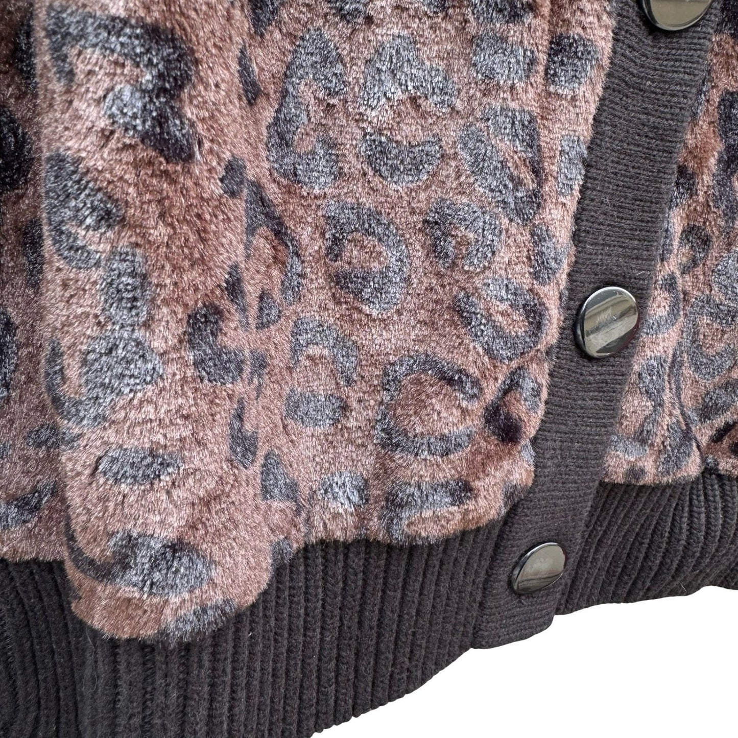 Terry Lewis Classic Luxury Leopard Faux Fur Ribbed Cardigan Sweater Black M New