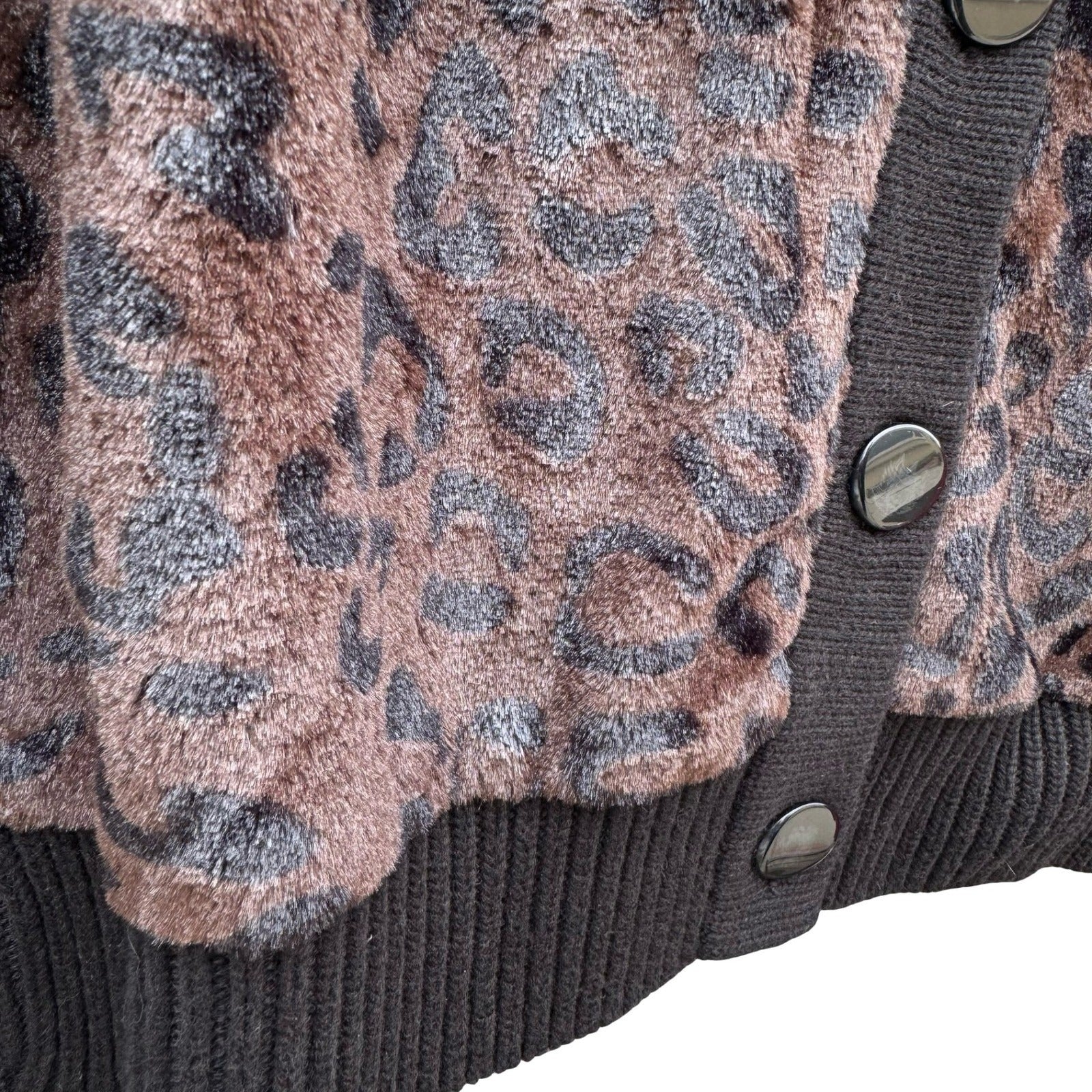 Terry Lewis Classic Luxury Leopard Faux Fur Ribbed Cardigan Sweater Black M New