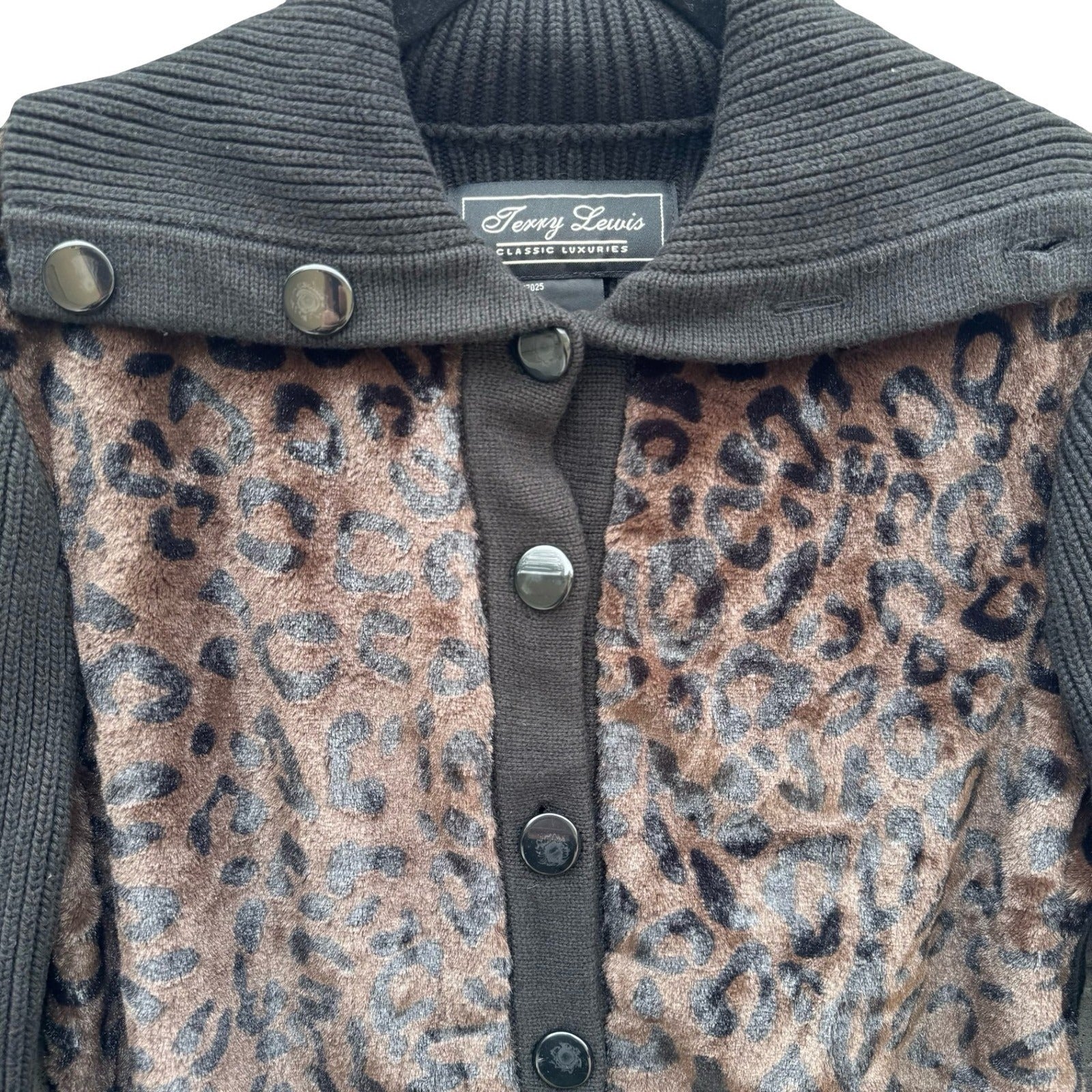 Terry Lewis Classic Luxury Leopard Faux Fur Ribbed Cardigan Sweater Black M New