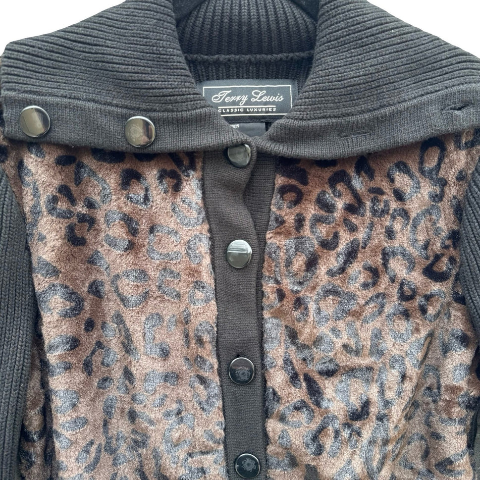 Terry Lewis Classic Luxury Leopard Faux Fur Ribbed Cardigan Sweater Black M New