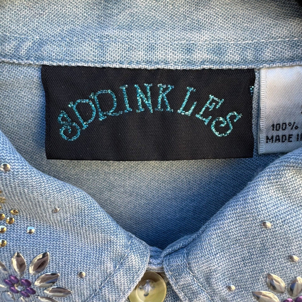 Sprinkles Vintage Denim Button Down Shirt Austrian Crystal Floral Light Wash S