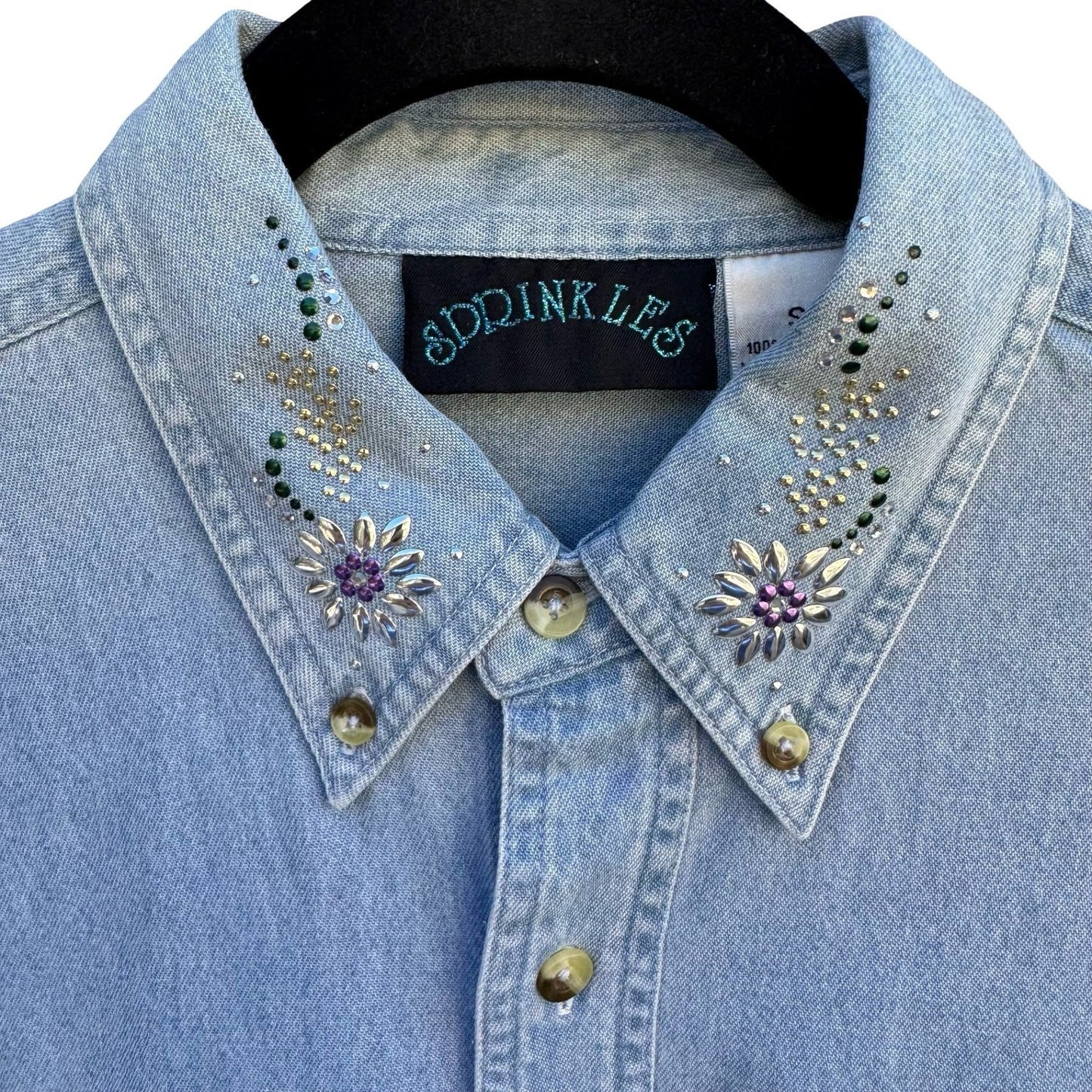 Sprinkles Vintage Denim Button Down Shirt Austrian Crystal Floral Light Wash S