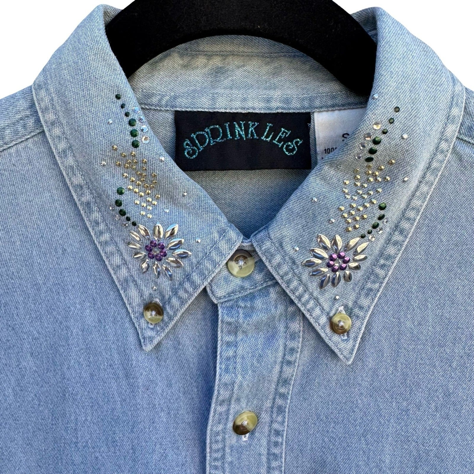 Sprinkles Vintage Denim Button Down Shirt Austrian Crystal Floral Light Wash S