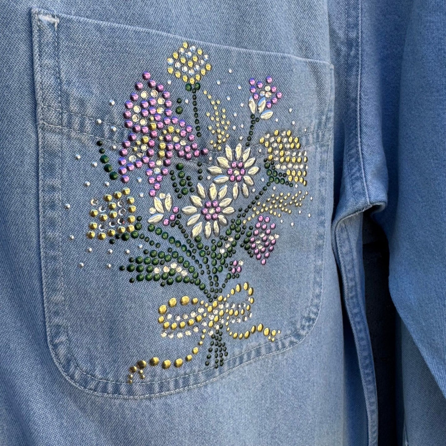 Sprinkles Vintage Denim Button Down Shirt Austrian Crystal Floral Light Wash S