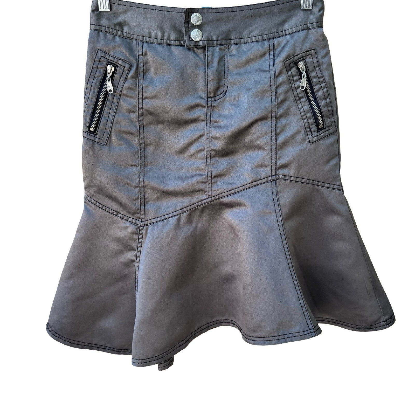Dollhouse Y2K Grunge Sleaze Cybercore Metallic Grey Satin Mermaid Flared Skirt