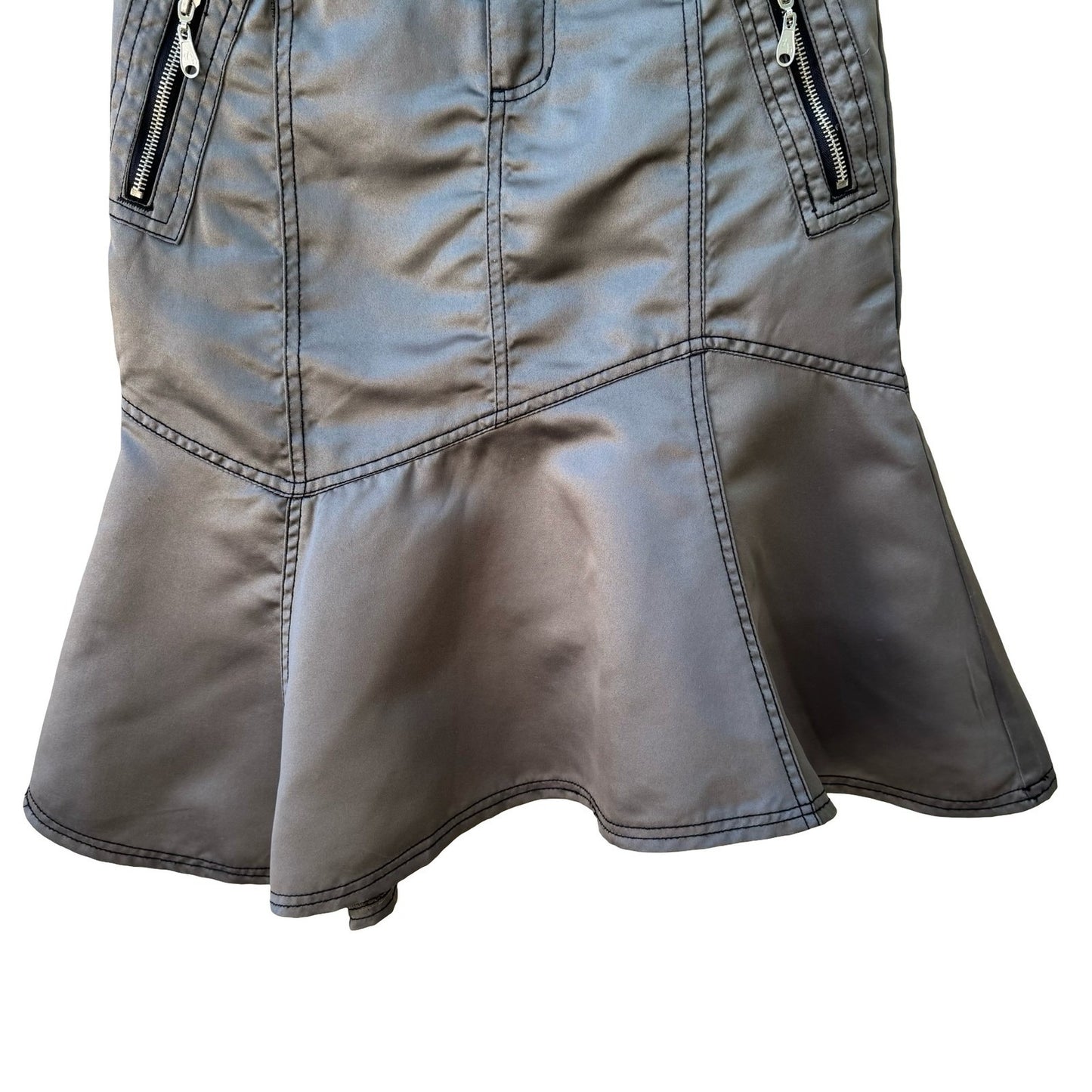 Dollhouse Y2K Grunge Sleaze Cybercore Metallic Grey Satin Mermaid Flared Skirt