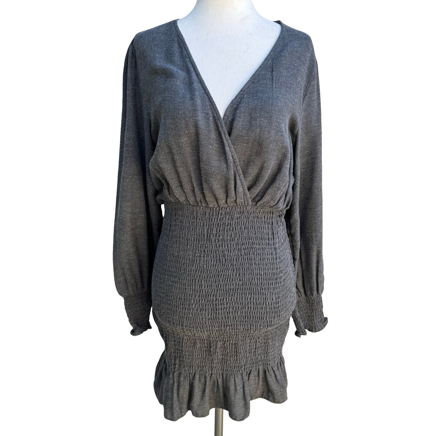 Zara Minimalist Cocktail Smocked V-Neck Ruffle Hem Party Chic Mini Dress Grey S