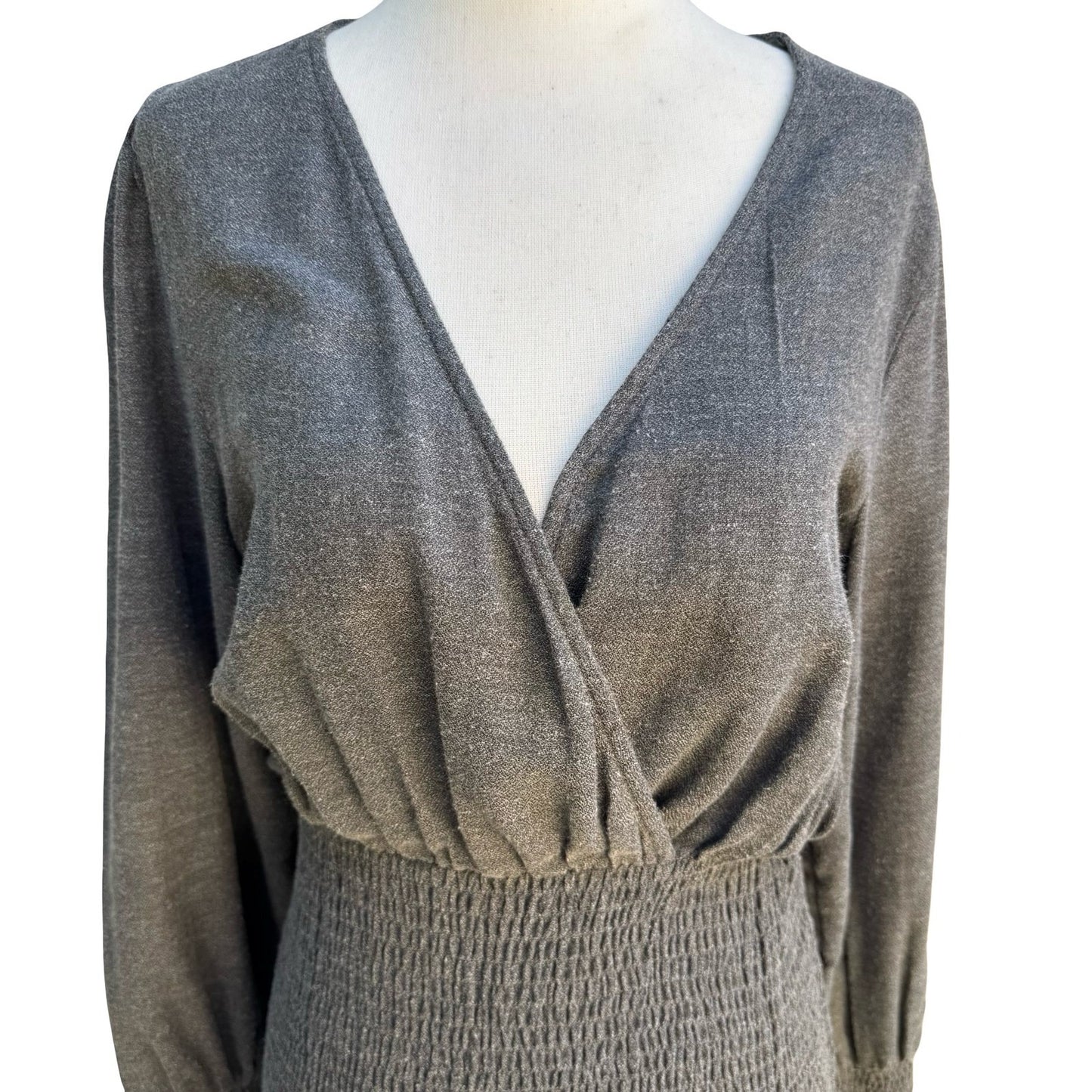 Zara Minimalist Cocktail Smocked V-Neck Ruffle Hem Party Chic Mini Dress Grey S