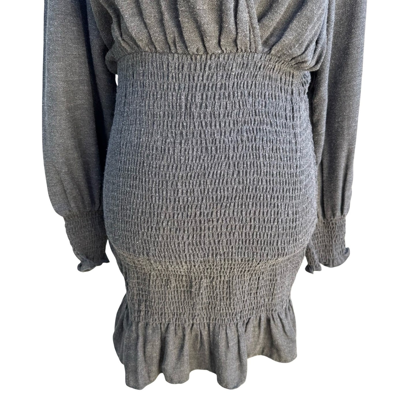 Zara Minimalist Cocktail Smocked V-Neck Ruffle Hem Party Chic Mini Dress Grey S