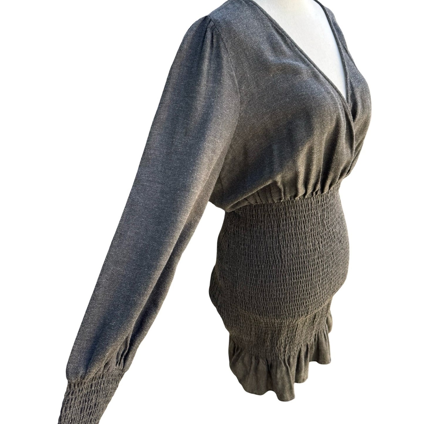 Zara Minimalist Cocktail Smocked V-Neck Ruffle Hem Party Chic Mini Dress Grey S