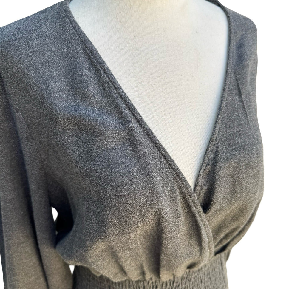 Zara Minimalist Cocktail Smocked V-Neck Ruffle Hem Party Chic Mini Dress Grey S