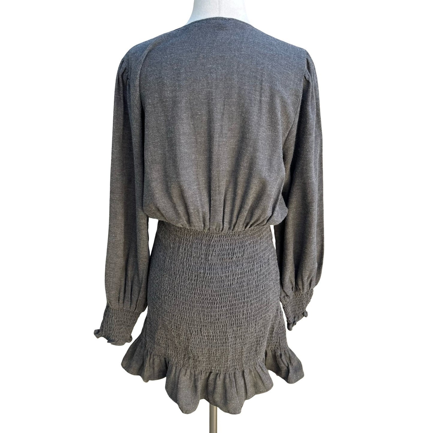 Zara Minimalist Cocktail Smocked V-Neck Ruffle Hem Party Chic Mini Dress Grey S
