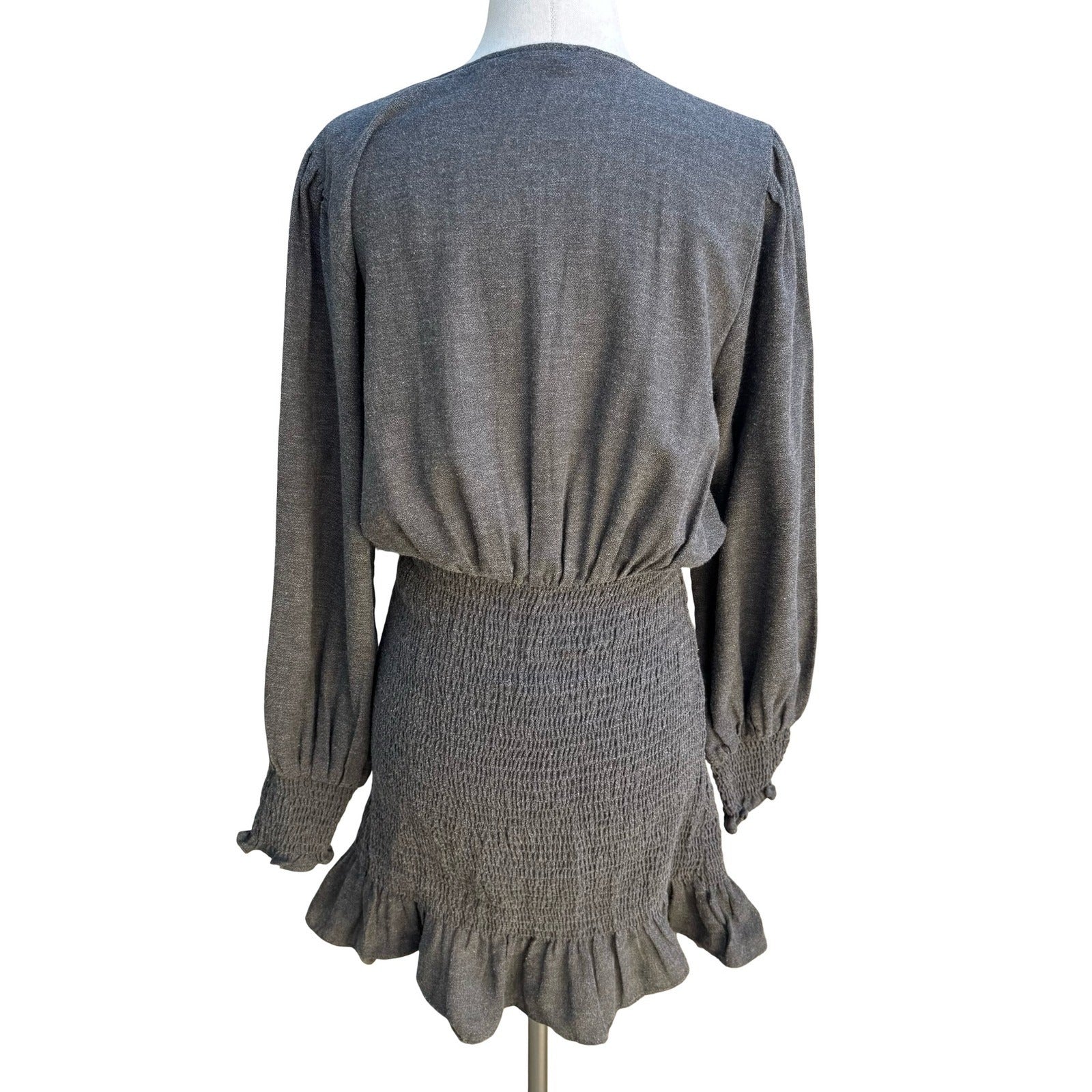 Zara Minimalist Cocktail Smocked V-Neck Ruffle Hem Party Chic Mini Dress Grey S