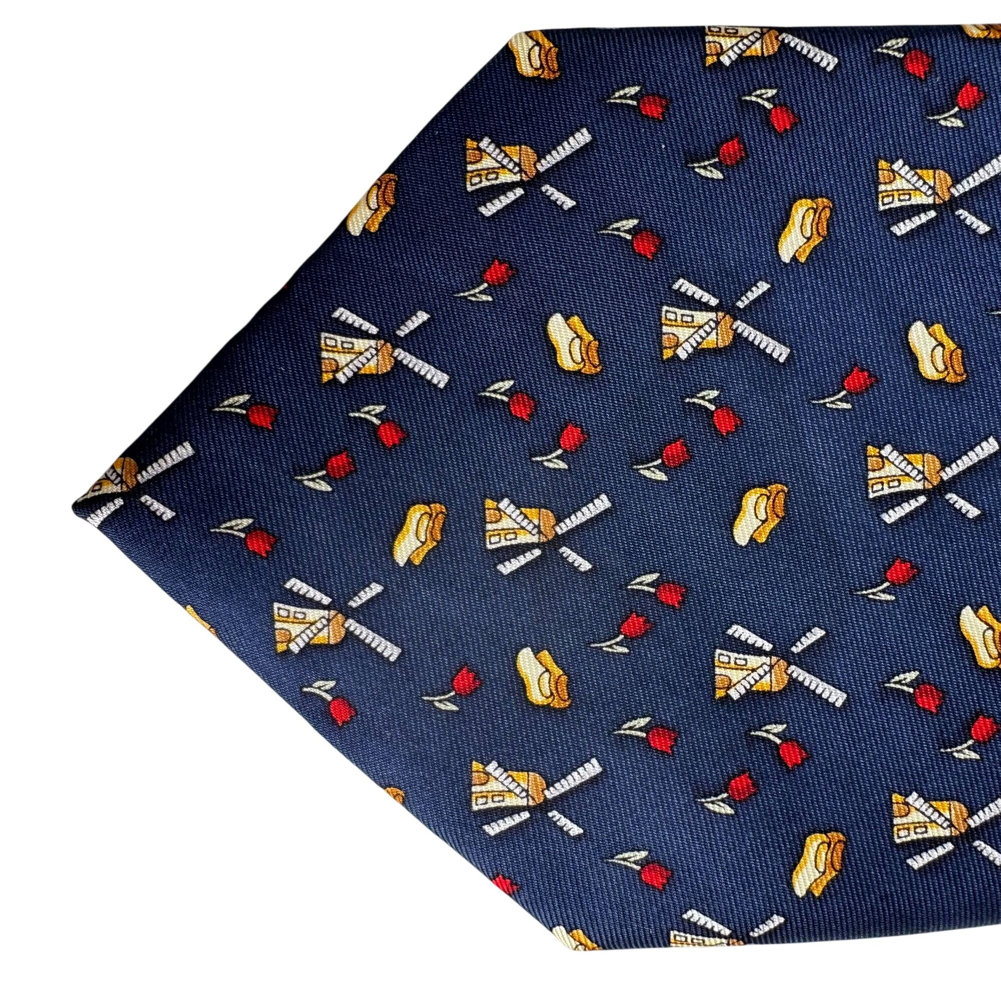 Kist Design Holland Mens Blue Silk Tie Windmill Tulip Wooden Clogs Motif Necktie