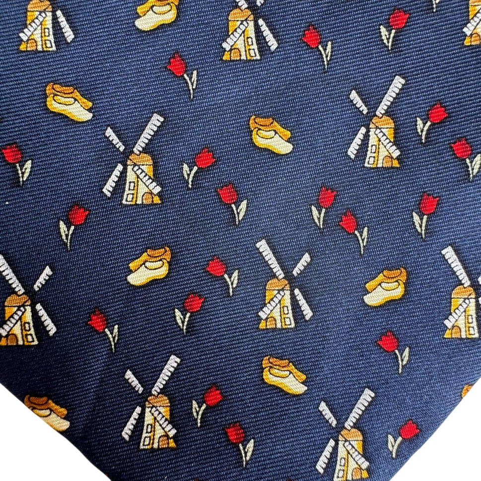 Kist Design Holland Mens Blue Silk Tie Windmill Tulip Wooden Clogs Motif Necktie