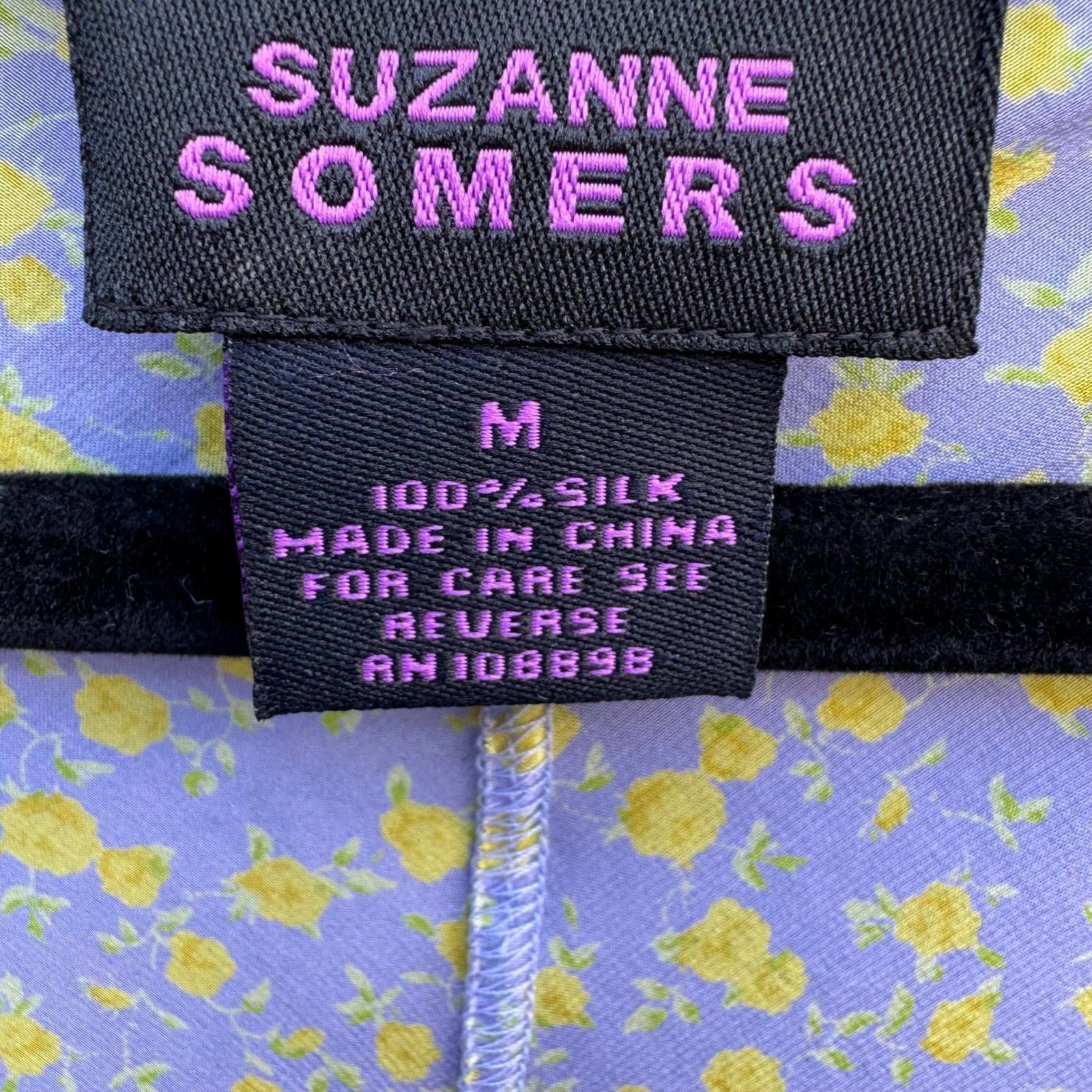 Suzanne Somers Purple Yellow Floral 100% Silk Ruched Handkerchief Hem Blouse M