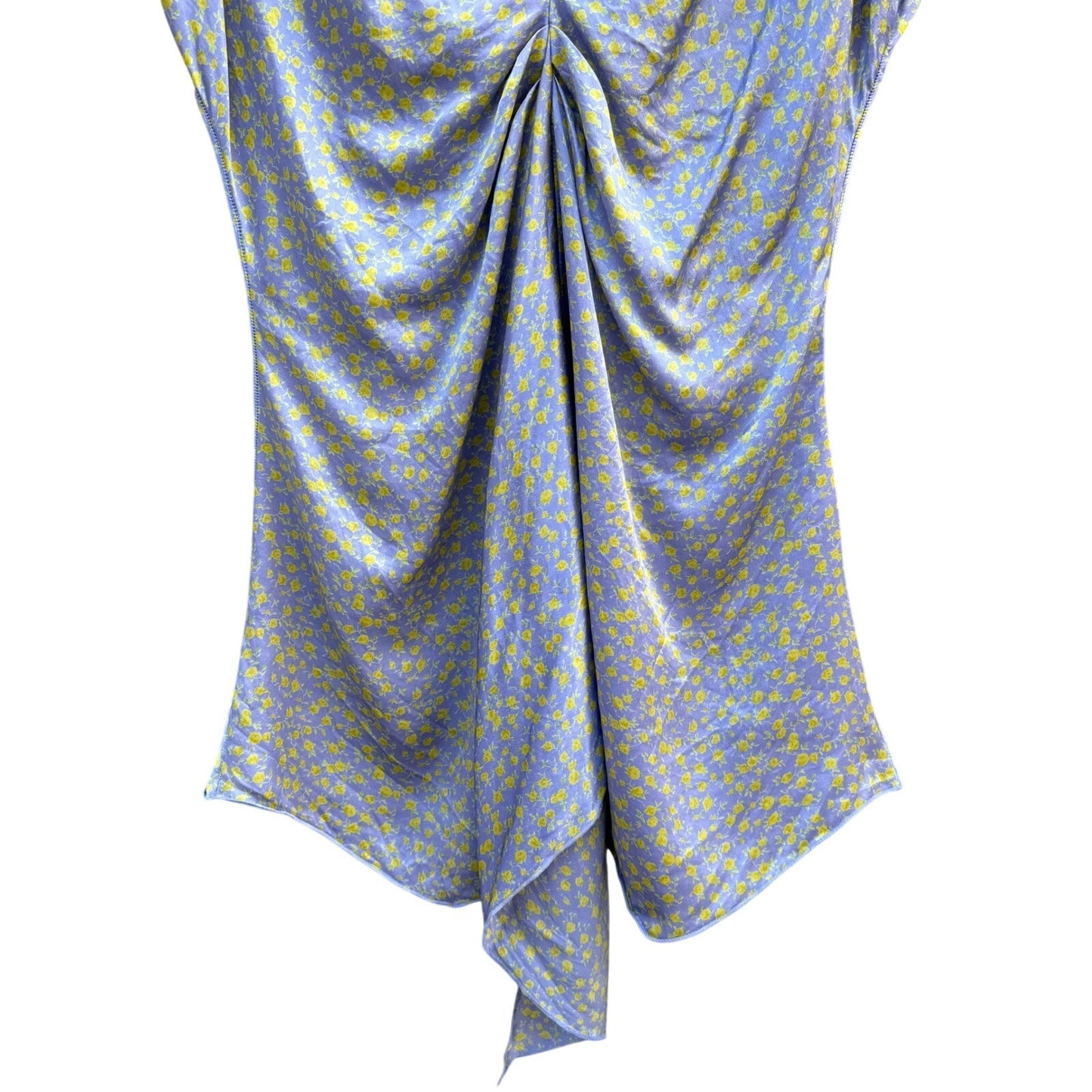 Suzanne Somers Purple Yellow Floral 100% Silk Ruched Handkerchief Hem Blouse M