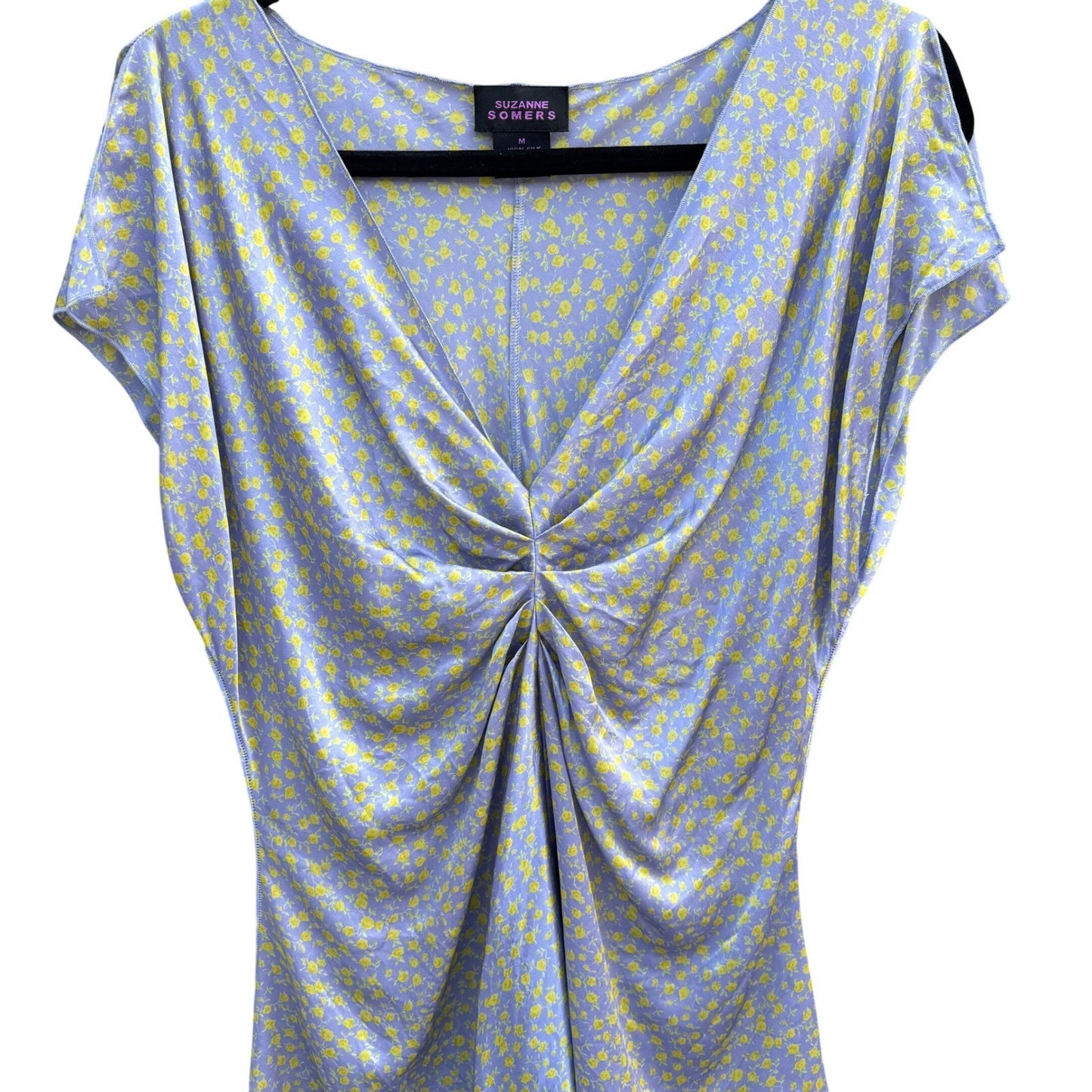 Suzanne Somers Purple Yellow Floral 100% Silk Ruched Handkerchief Hem Blouse M