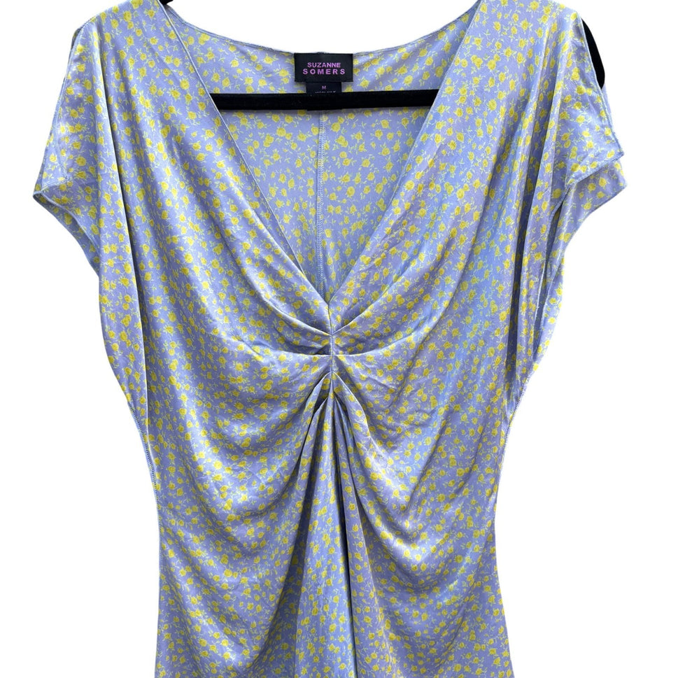 Suzanne Somers Purple Yellow Floral 100% Silk Ruched Handkerchief Hem Blouse M