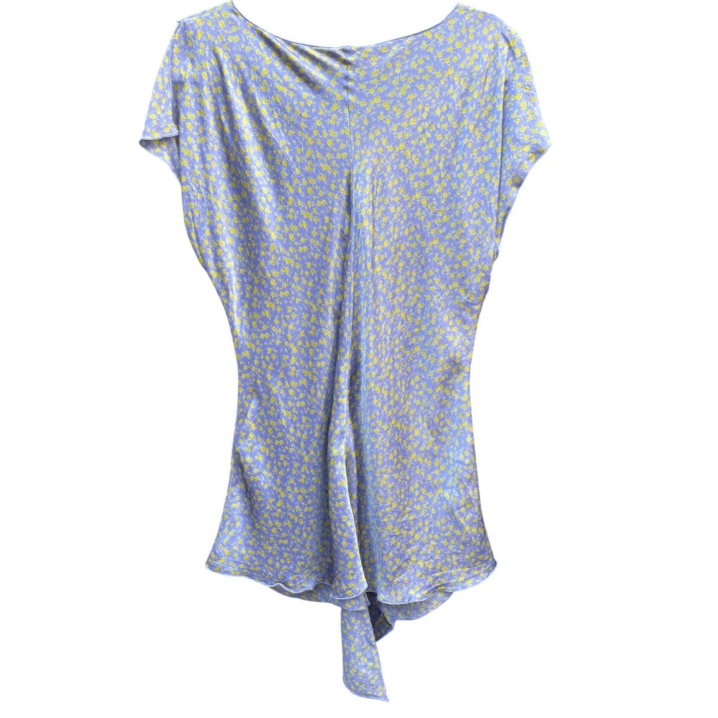 Suzanne Somers Purple Yellow Floral 100% Silk Ruched Handkerchief Hem Blouse M