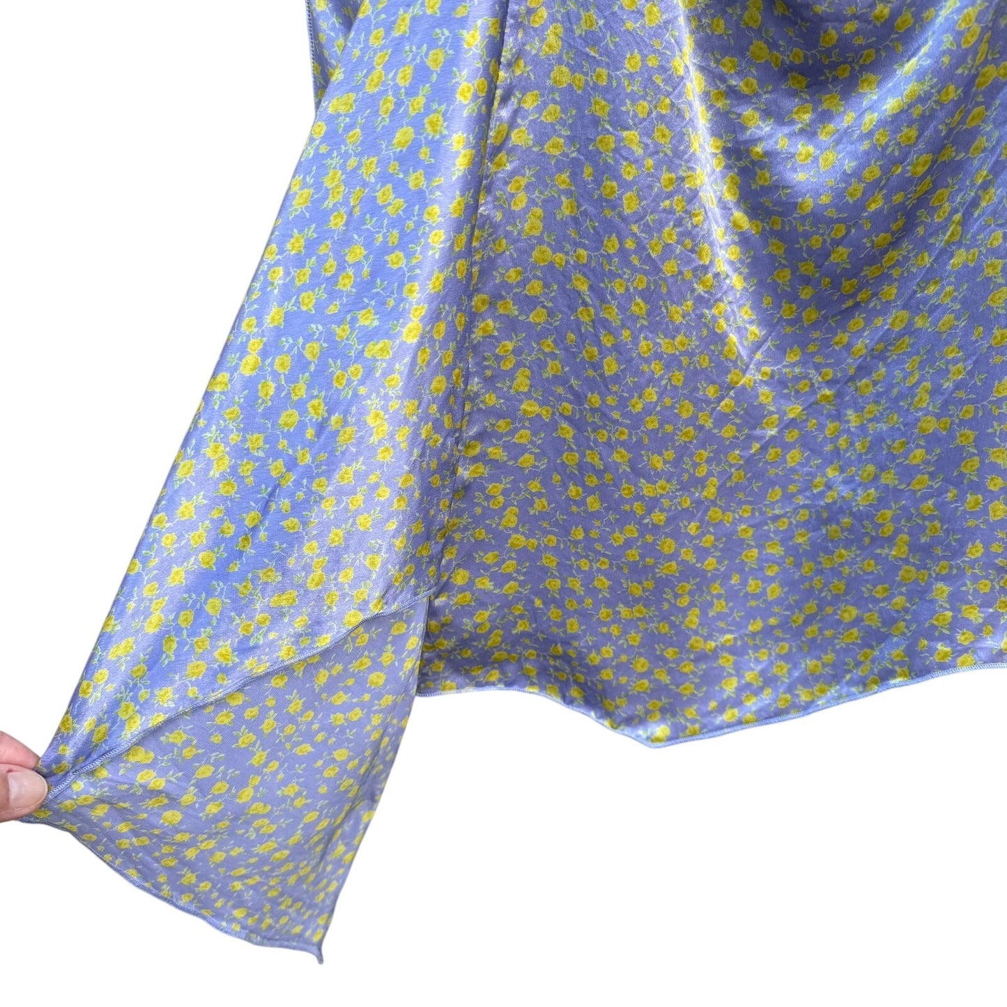 Suzanne Somers Purple Yellow Floral 100% Silk Ruched Handkerchief Hem Blouse M