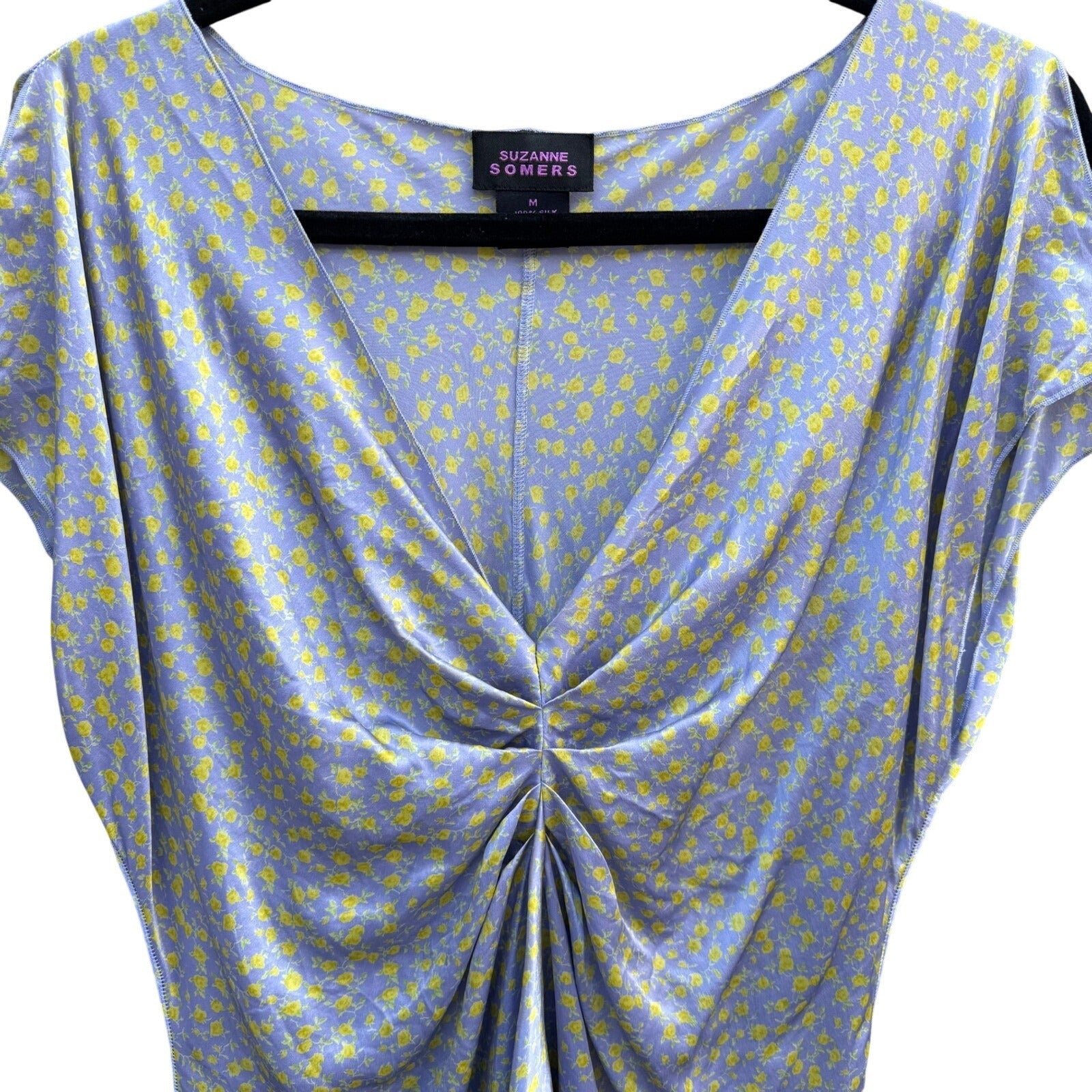 Suzanne Somers Purple Yellow Floral 100% Silk Ruched Handkerchief Hem Blouse M