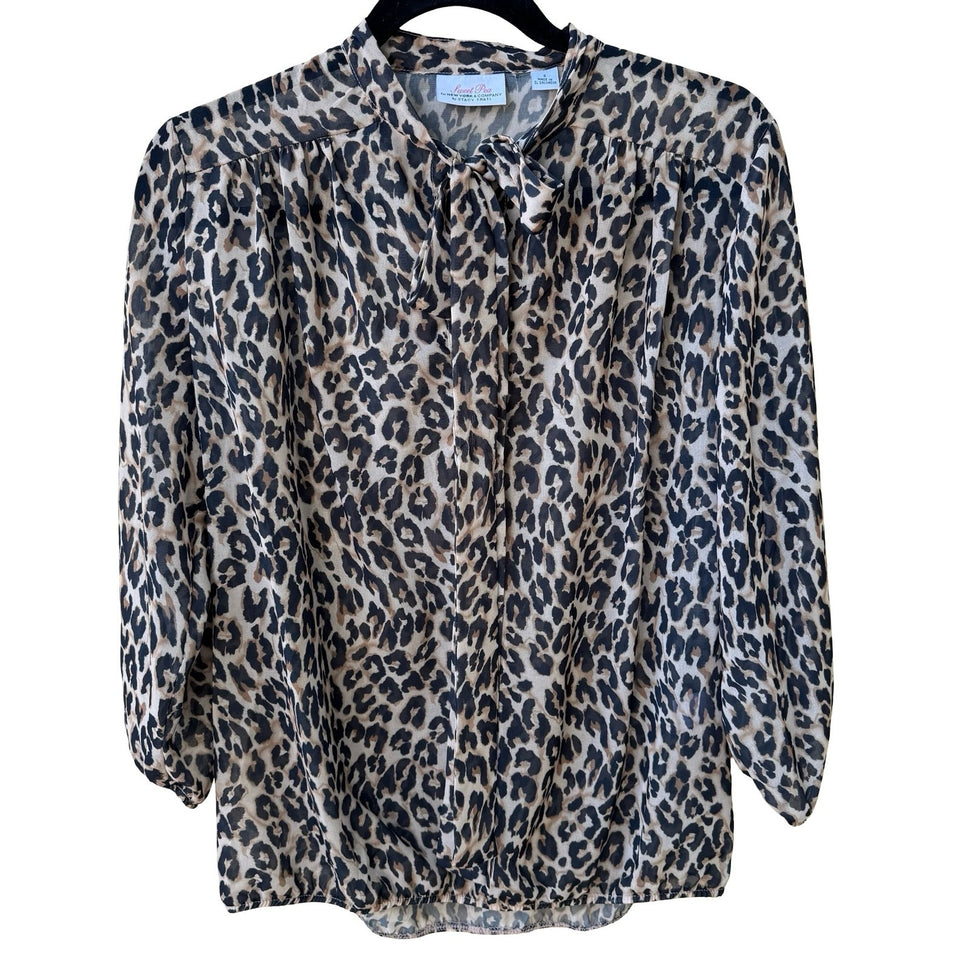 Sweet Pea NY Co Sheer Edgy Leopard Print Mob Wife Blouson Bow Blouse Brown S