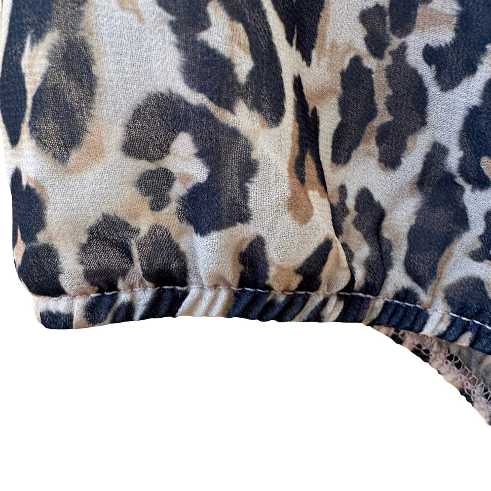 Sweet Pea NY Co Sheer Edgy Leopard Print Mob Wife Blouson Bow Blouse Brown S