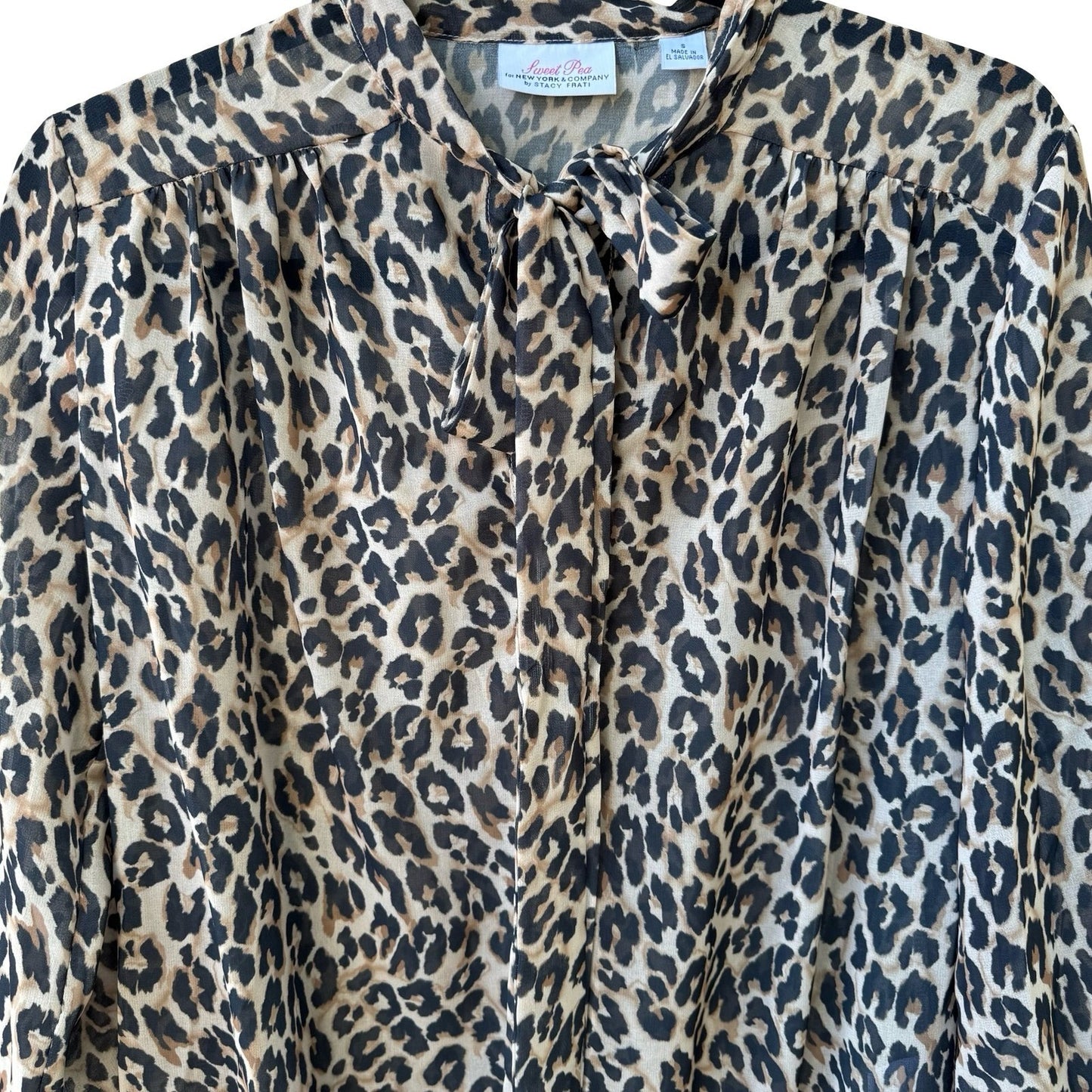 Sweet Pea NY Co Sheer Edgy Leopard Print Mob Wife Blouson Bow Blouse Brown S