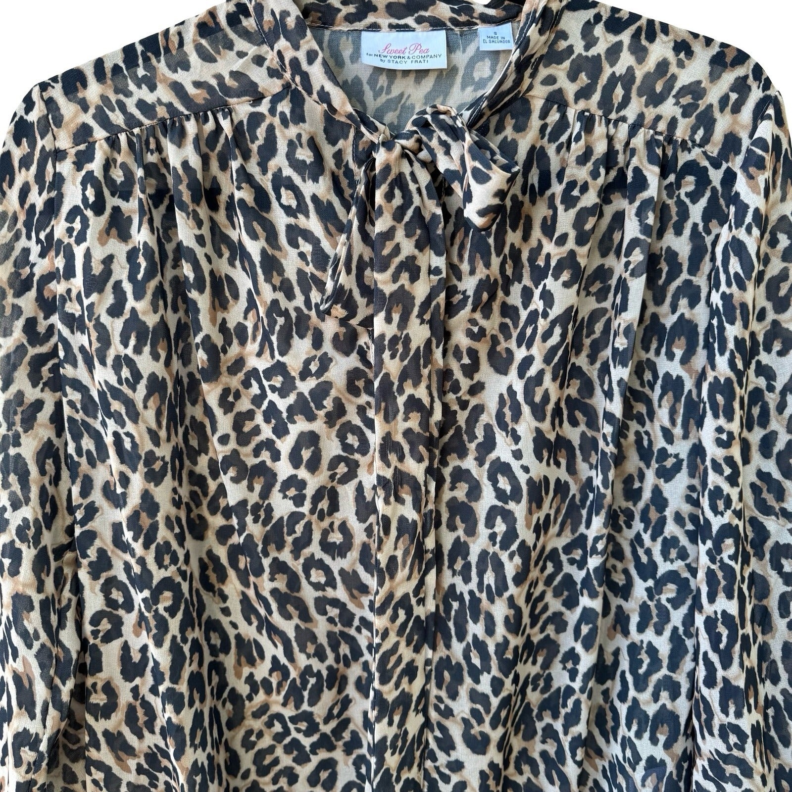 Sweet Pea NY Co Sheer Edgy Leopard Print Mob Wife Blouson Bow Blouse Brown S