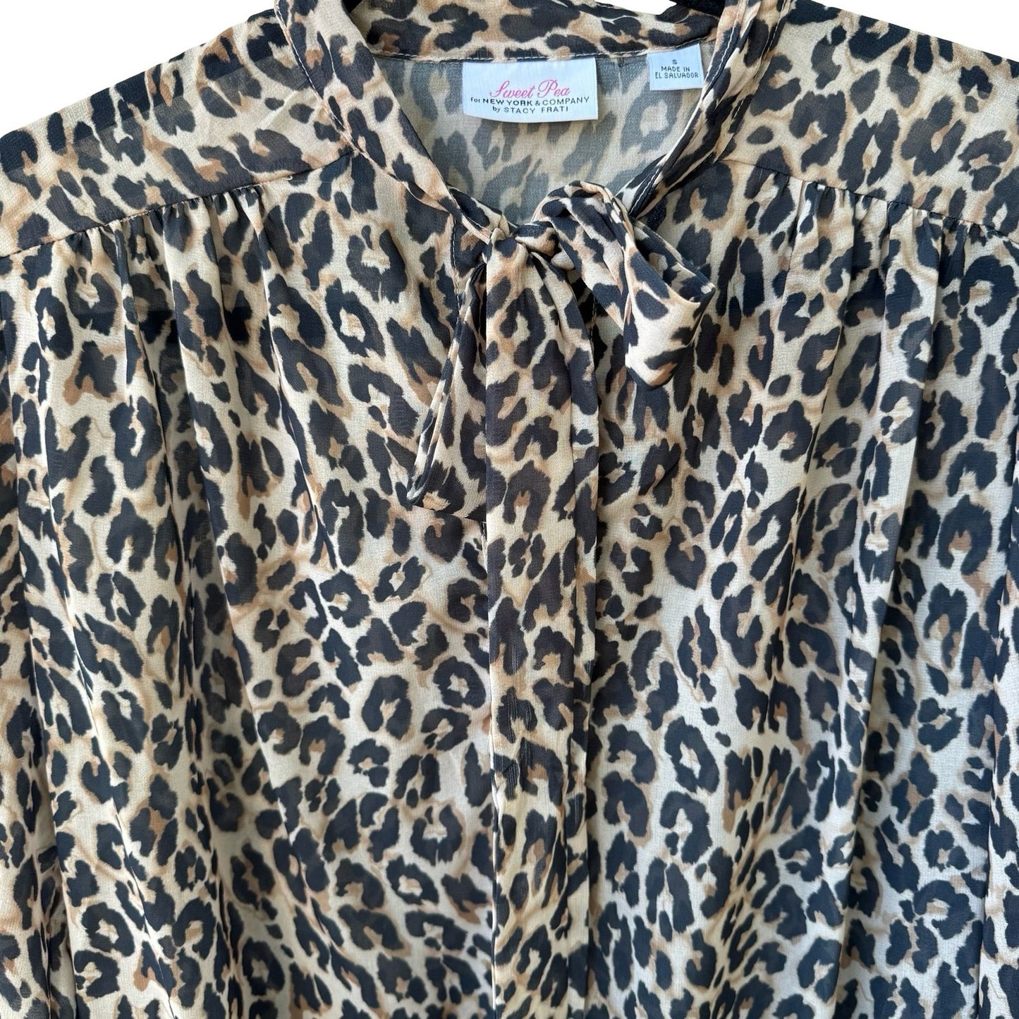 Sweet Pea NY Co Sheer Edgy Leopard Print Mob Wife Blouson Bow Blouse Brown S