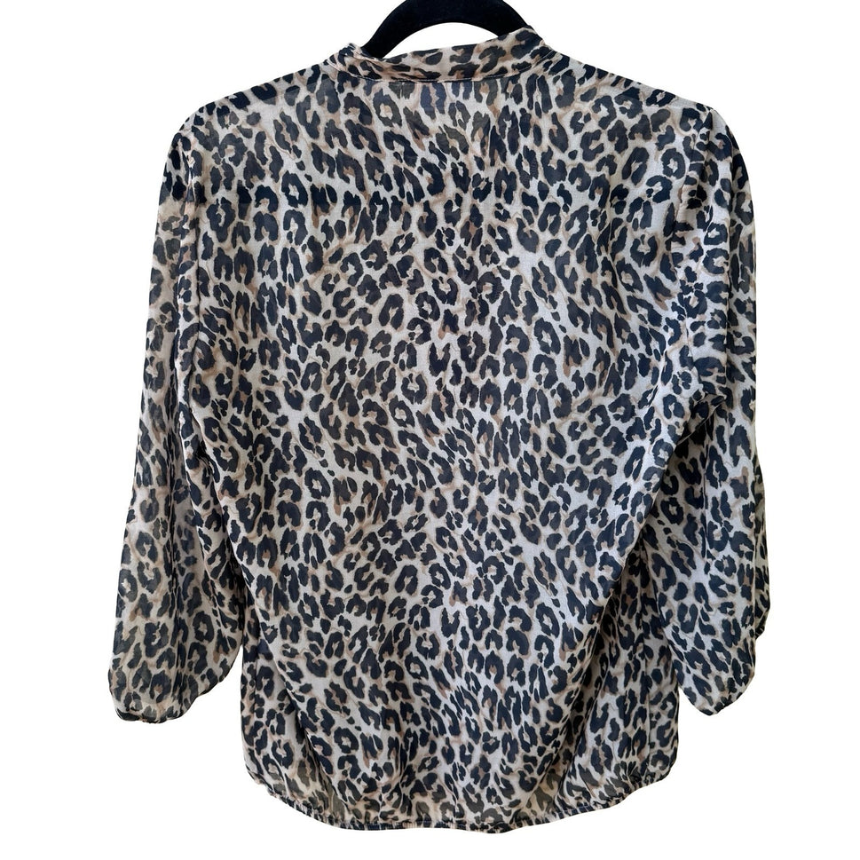 Sweet Pea NY Co Sheer Edgy Leopard Print Mob Wife Blouson Bow Blouse Brown S